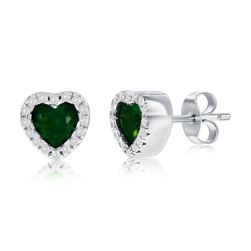 Sterling Silver, CZ Heart Stud Earrings - Emerald - Johnny Dang & Co