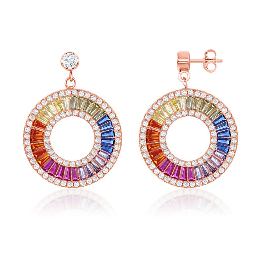 Sterling Silver Rainbow Baguette CZ Open Circle Earrings - Rose Gold Plated