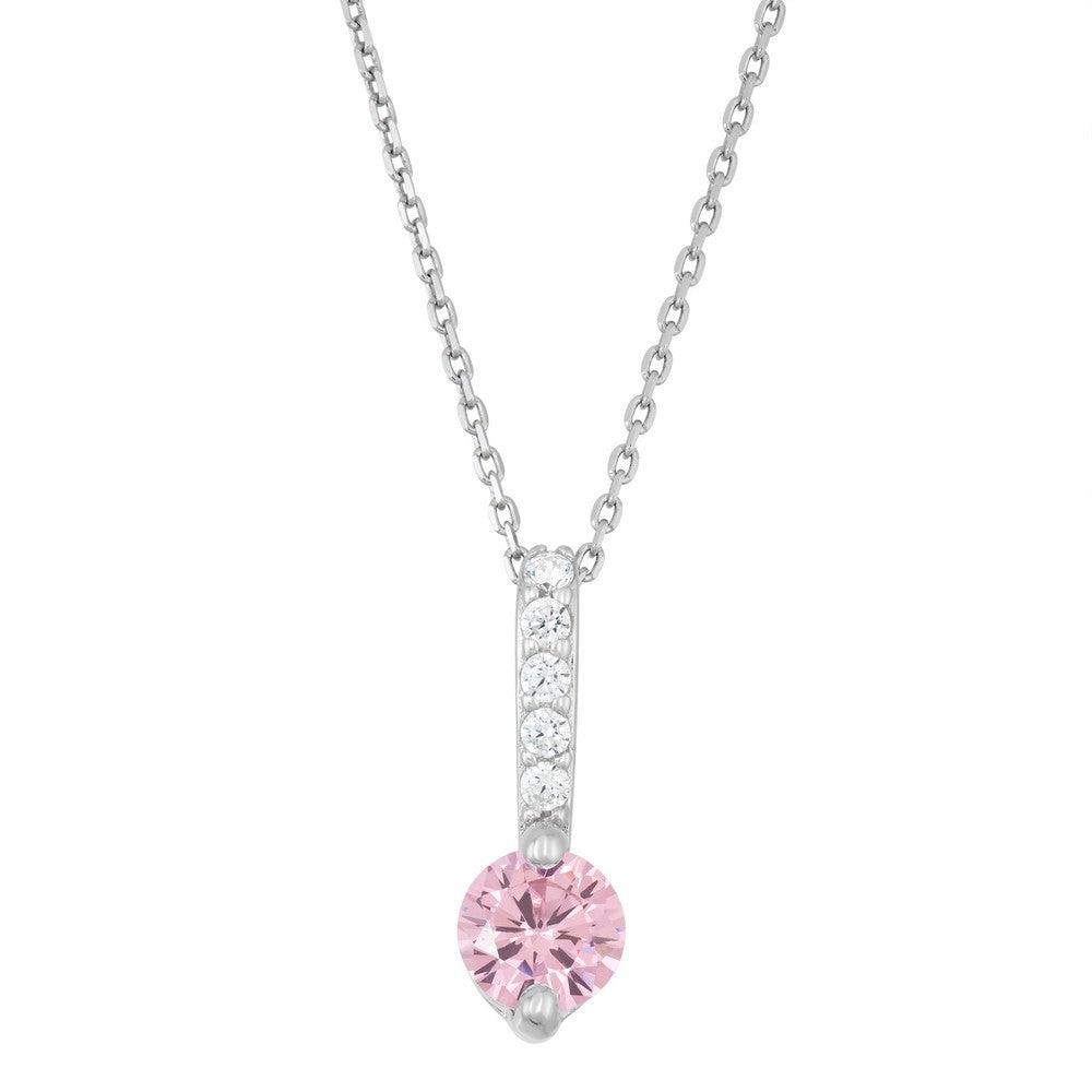 Sterling Silver Thin Bar with Round Stud CZ Pendent - Pink CZ - Johnny Dang & Co