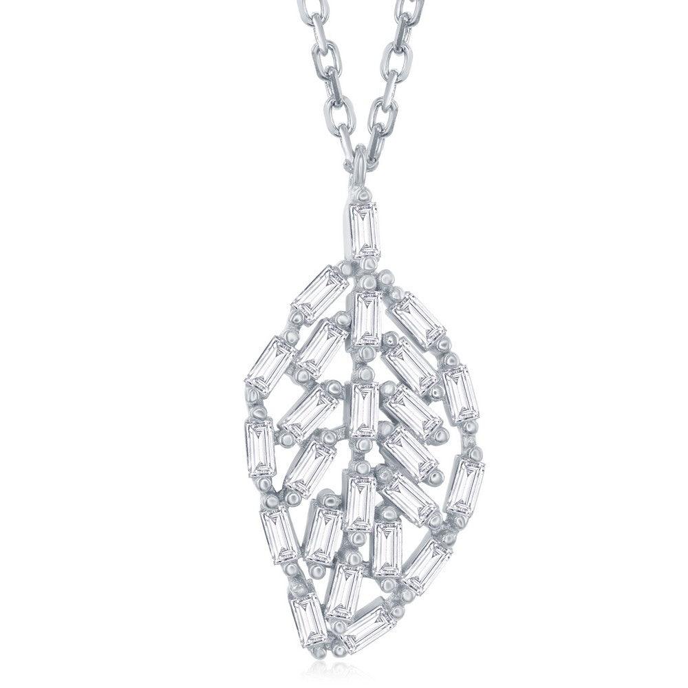 Sterling Silver CZ Baguette Leaf Shaped Necklace 16" - Johnny Dang & Co
