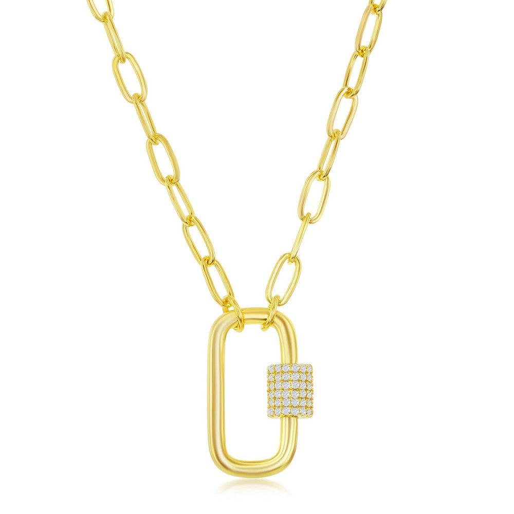 Sterling Silver Micro Pave CZ Oval Carabiner Paperclip Necklace - Gold Plated - Johnny Dang & Co