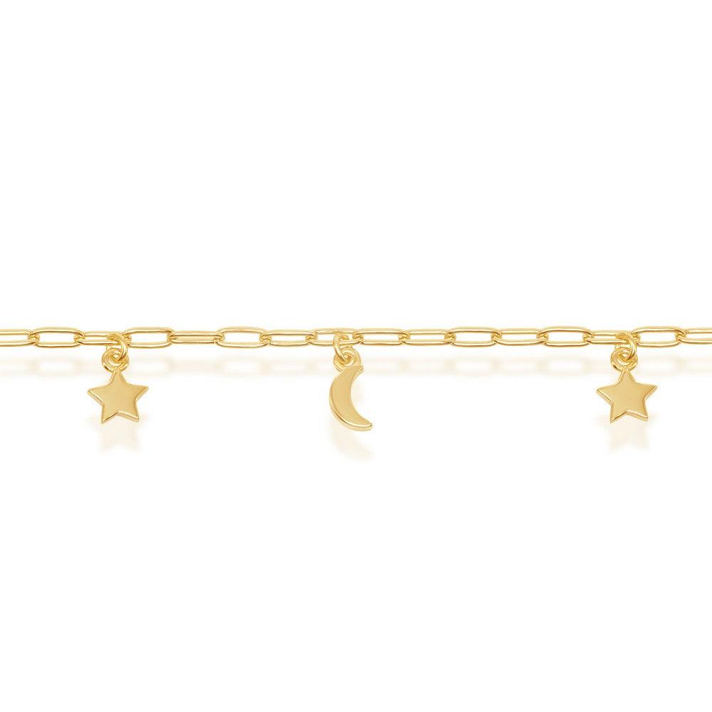 Sterling Silver Moon & Star Charms Paperclip Anklet - Gold Plated - Johnny Dang & Co