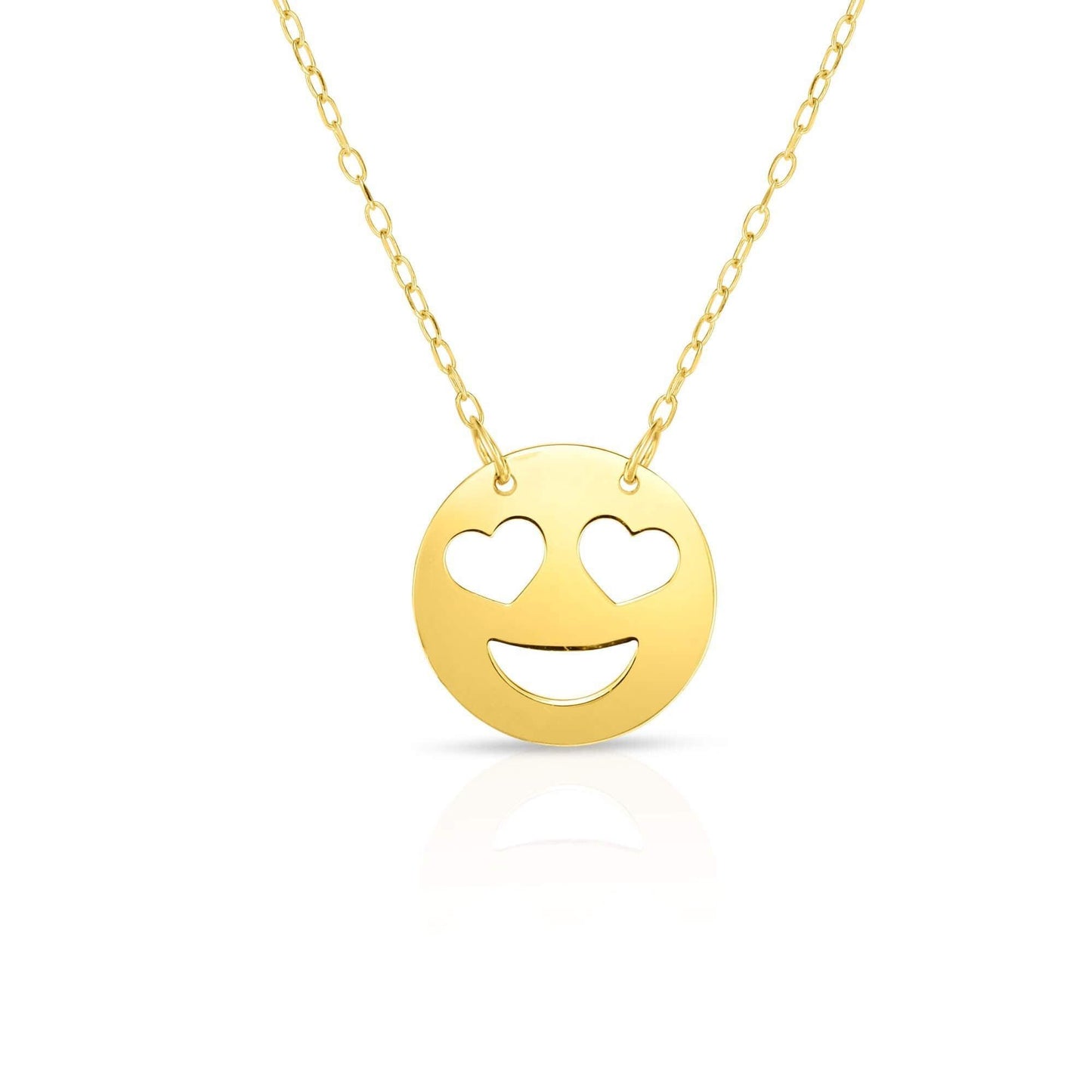 14kt Gold 16 inches Yellow Finish Chain:0.8mm+Center Round Pendant:11mm Shiny Fancy Heart Shaped Eyes Roymoji Necklace with 1 inches Extender Spring Ring Clasp - Johnny Dang & Co