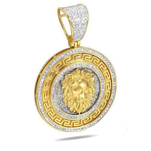 10KY 0.80CTW DIAMOND GREEK KEY LION HEAD MEDALLION - Johnny Dang & Co