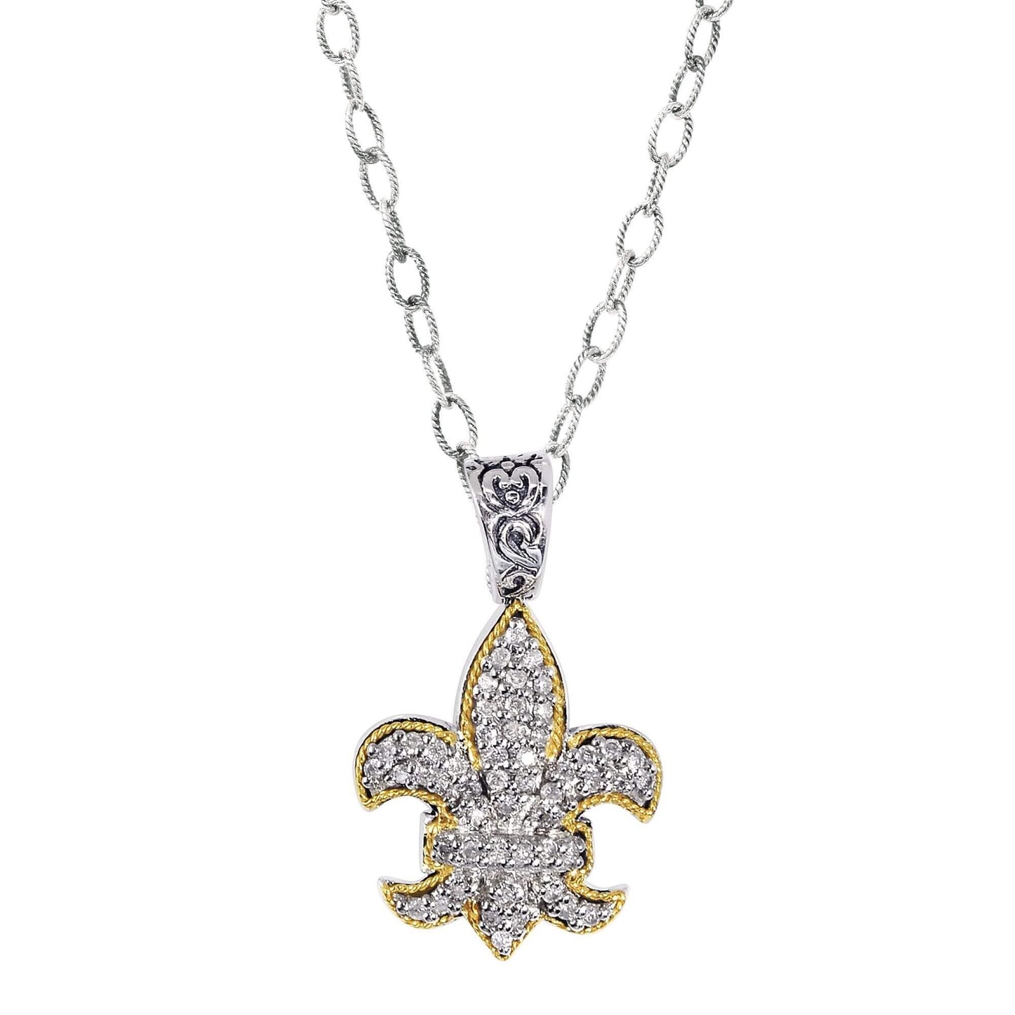 0.45Ct. Diamond18Kt Yellow Gold+Sterling Silver Fleur De Lis P Endant On 18 inches Rhodium Finish Link Chain. inchesFleur-De-Lis inches Collecti On. - Johnny Dang & Co