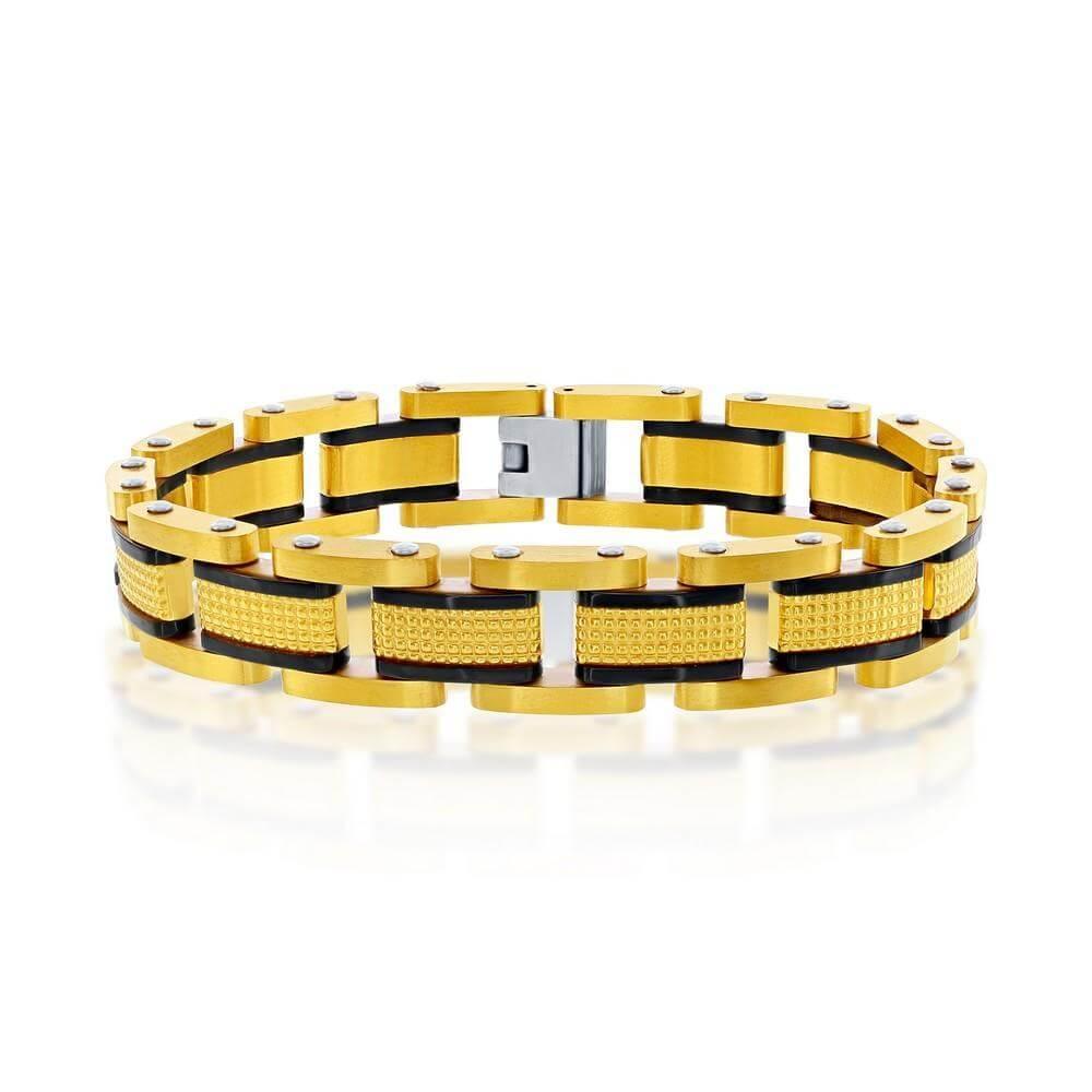 Stainless Steel Gold and Black Textured Link Bracelet - Johnny Dang & Co