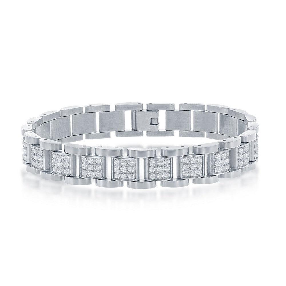 Stainless Steel CZ Square Link Mens Bracelet - Johnny Dang & Co