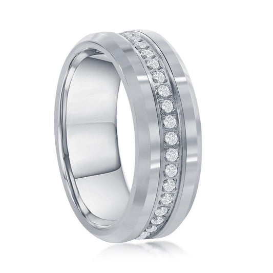 Polished Silver CZ Eternity Tungsten Band Ring - Johnny Dang & Co