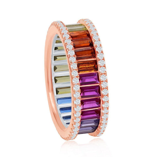Sterling Silver Rainbow Baguette CZ Band Ring - Rose Gold Plated - Johnny Dang & Co