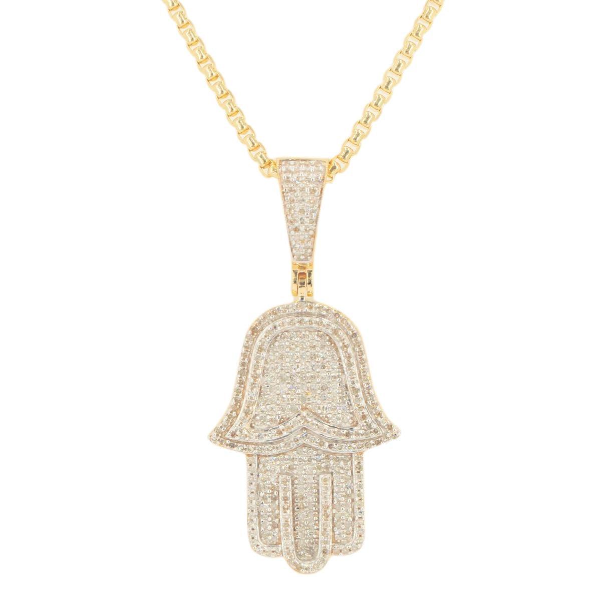 10k Yellow Gold 0.70cttw 3D Hamzah Hand Pendant and 1.5mm Venetian