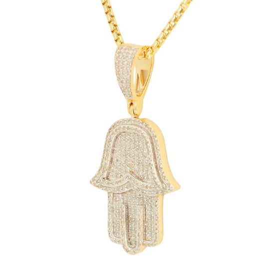 10k Yellow Gold 0.70cttw 3D Hamzah Hand Pendant and 1.5mm Venetian Box Chain Bundle 18" 20” 22” 24” - Johnny Dang & Co