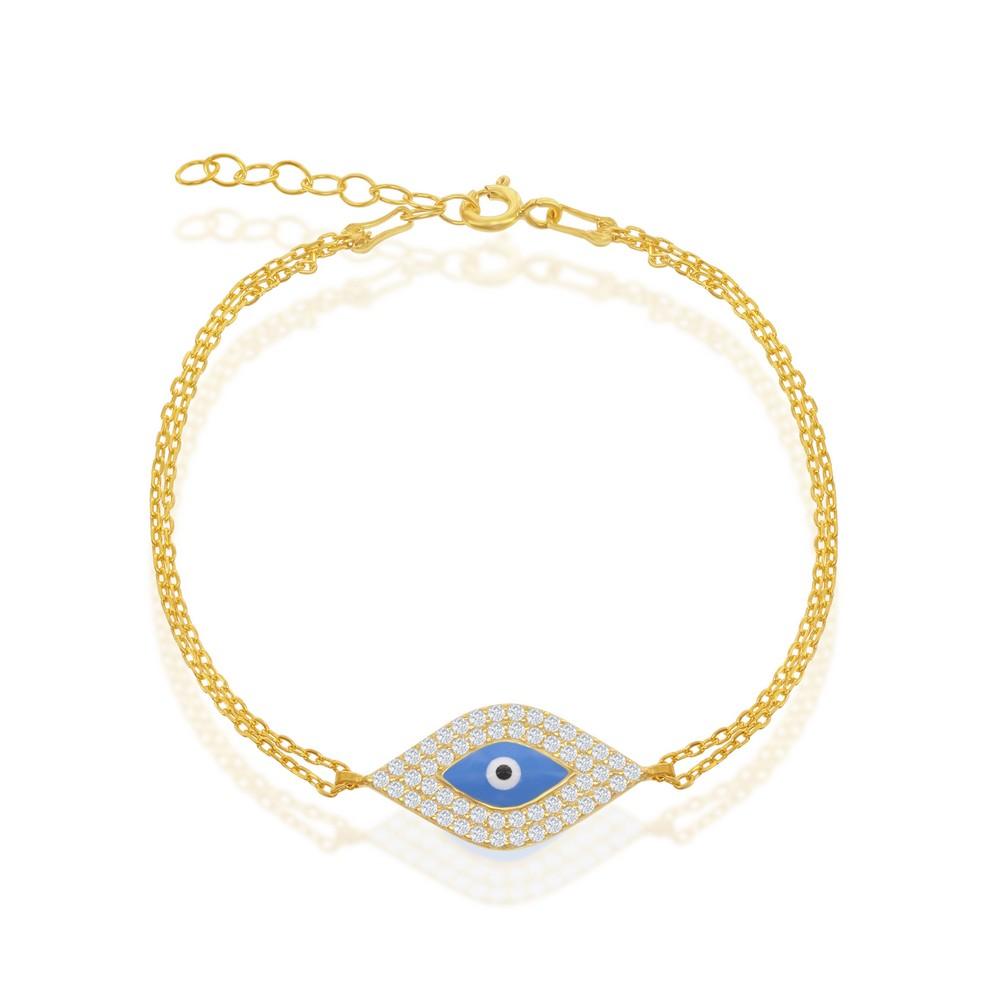 Sterling Silver Double-Strand With Center CZ and Evil Eye Bracelet - Gold Plated - Johnny Dang & Co