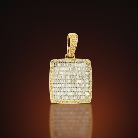 10k Yellow Gold 1.75CTW Round and Baguette Diamond Square Pendant