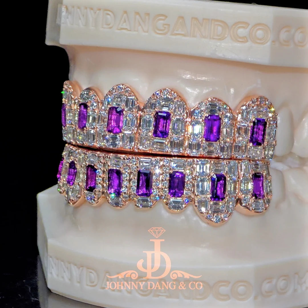 JDWR-2026-31 Flawless Royal Emerald Prong Set Grillz Rose Gold (Pullouts)