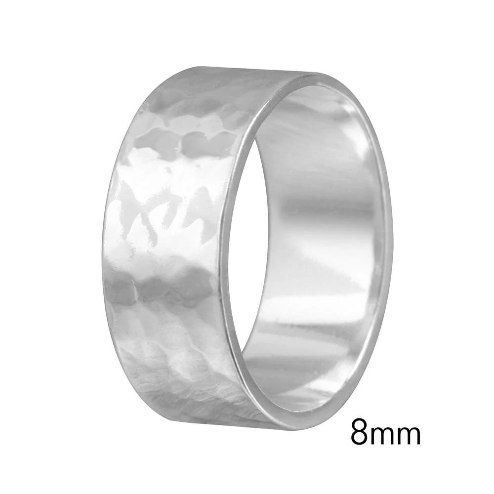 925 Sterling Silver Hand Hammered Wedding Band Flat Ring - 8MM