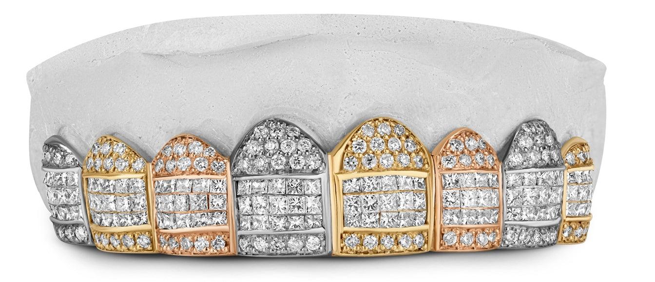 JDTK- GV1020-Tri Colors Yellow, White,Rose Honeycomb Prong / INVISBALE Set Diamond Grill - Johnny Dang & Co