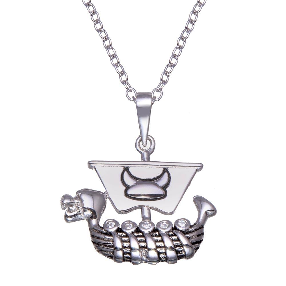 Rhodium Plated 925 Sterling Silver Viking Ship Necklace