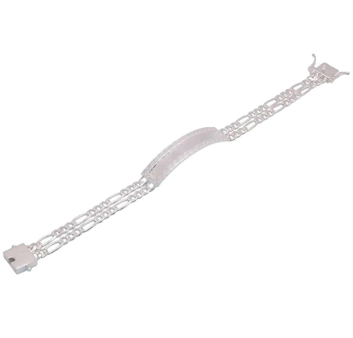 925 Sterling Silver Two Strand Figaro 9.2mm Greek Key ID Bracelet