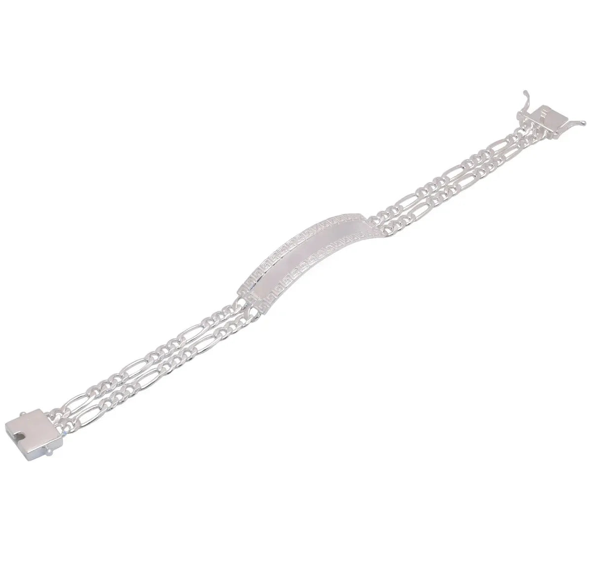 925 Sterling Silver Two Strand Figaro 9.2mm Greek Key ID Bracelet