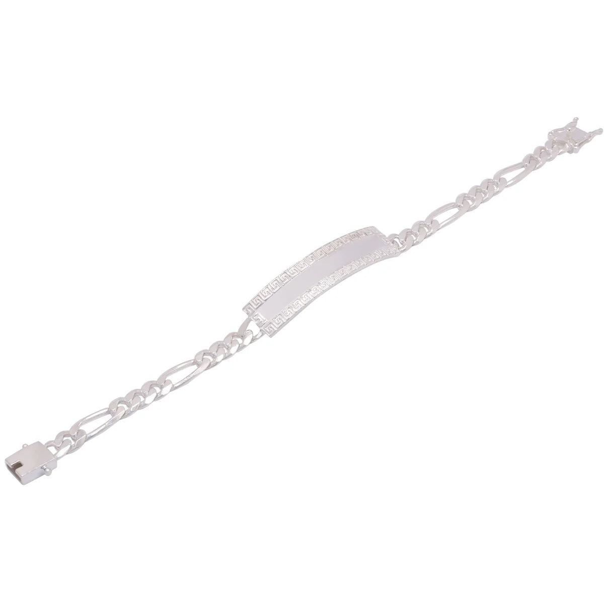925 Sterling Silver Figaro 6.8mm Greek Key ID Bracelet