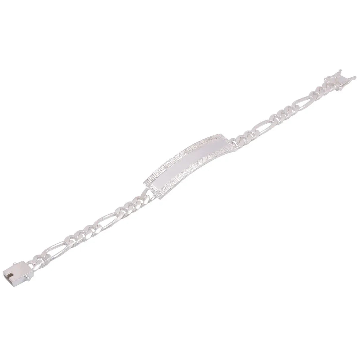 925 Sterling Silver Figaro 6.8mm Greek Key ID Bracelet