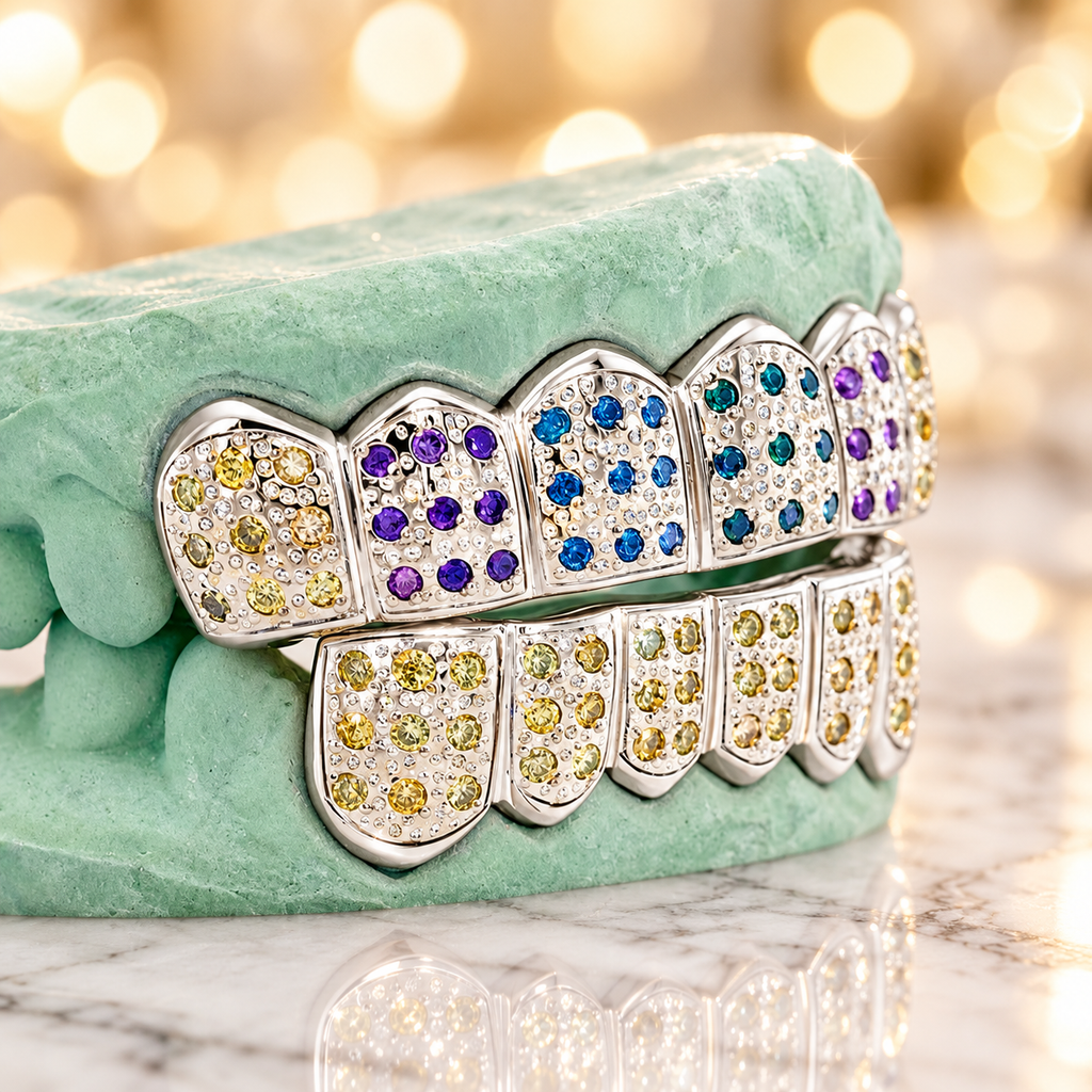 JDWR-C107B- 6 TOP OR 6 BOTTOM MULTI COLOR PAVE SET GRILL