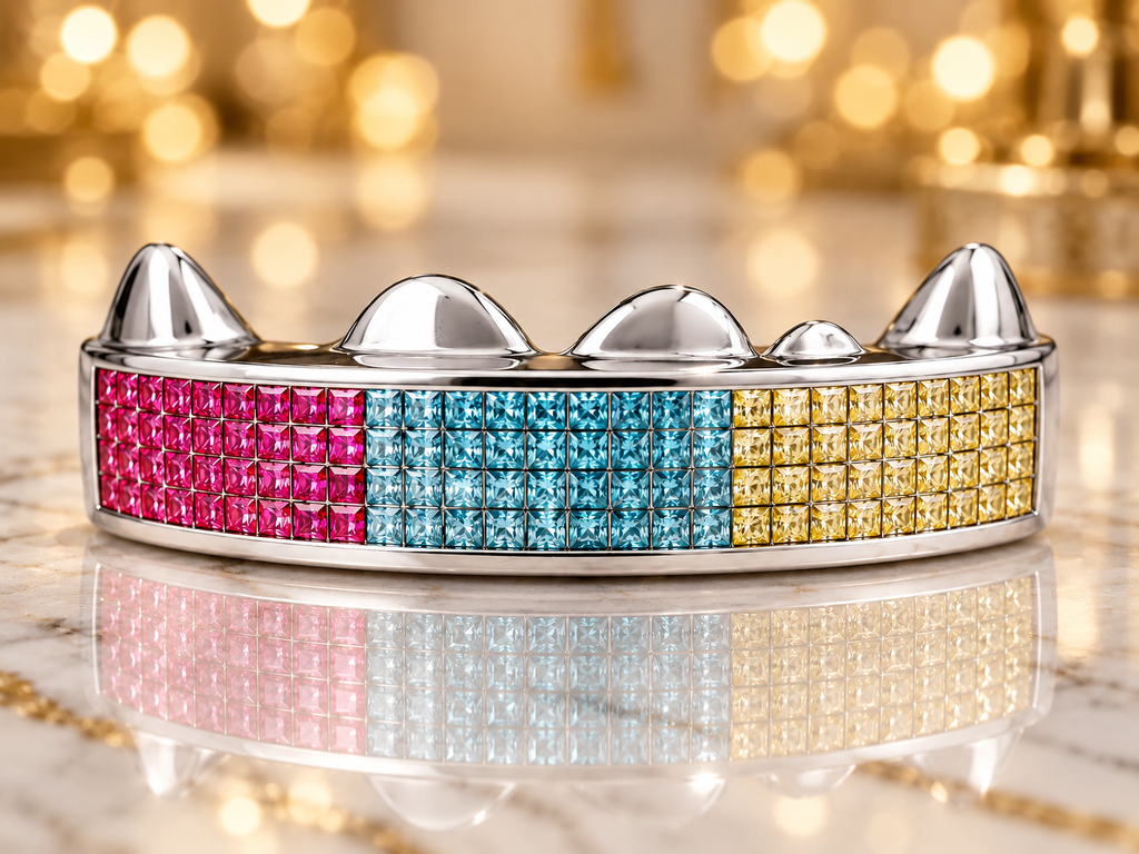 JDWR-S2115- 6 TEETH PRINCESS CUT YELLOW, RED RUBY & BLUE DIAMONDS SET IN I