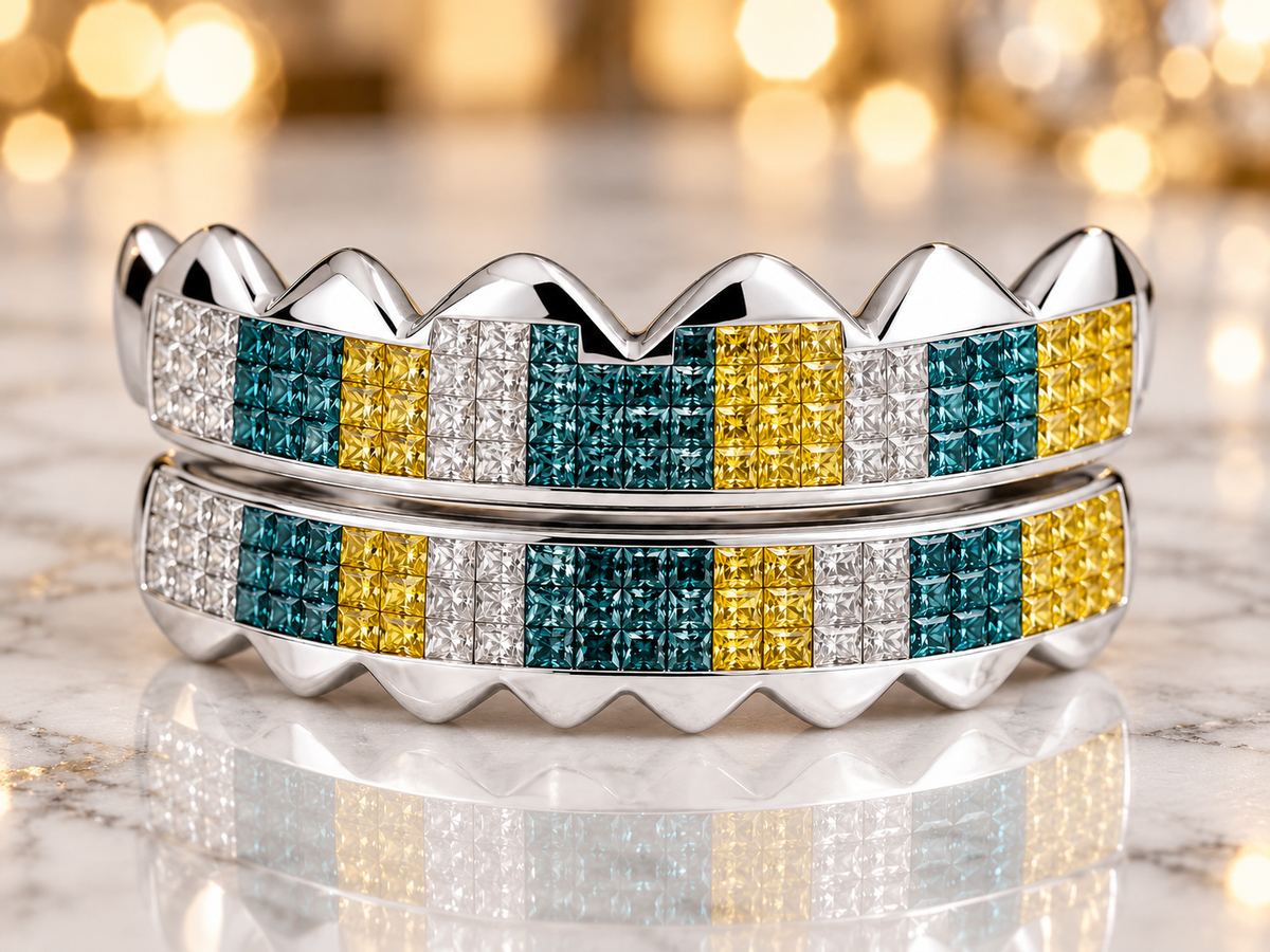 JDWR-S2110 - 6 TEETH BLUE,WHITE & YELLOW PRINCESS CUT HORIZONTAL INVISIBLE