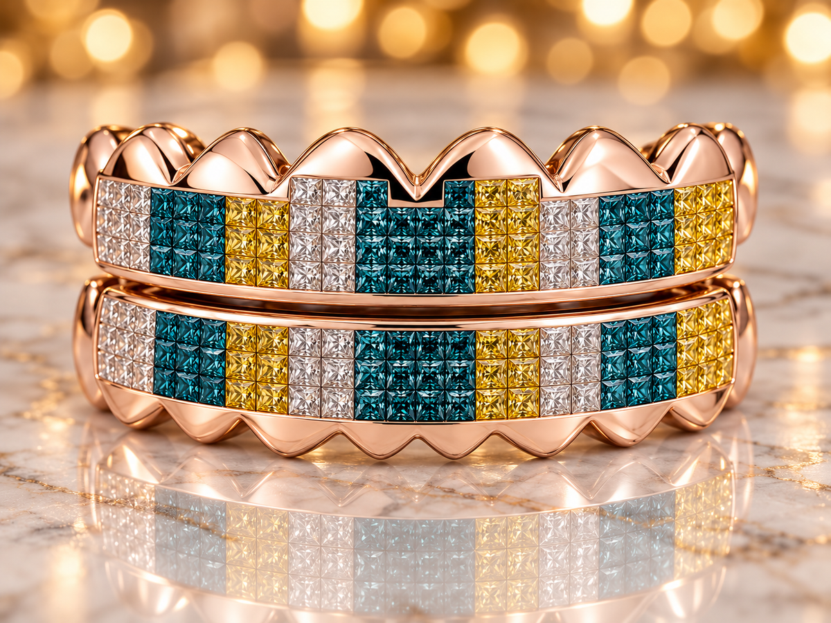 JDWR-S2110 - 6 TEETH BLUE,WHITE & YELLOW PRINCESS CUT HORIZONTAL INVISIBLE