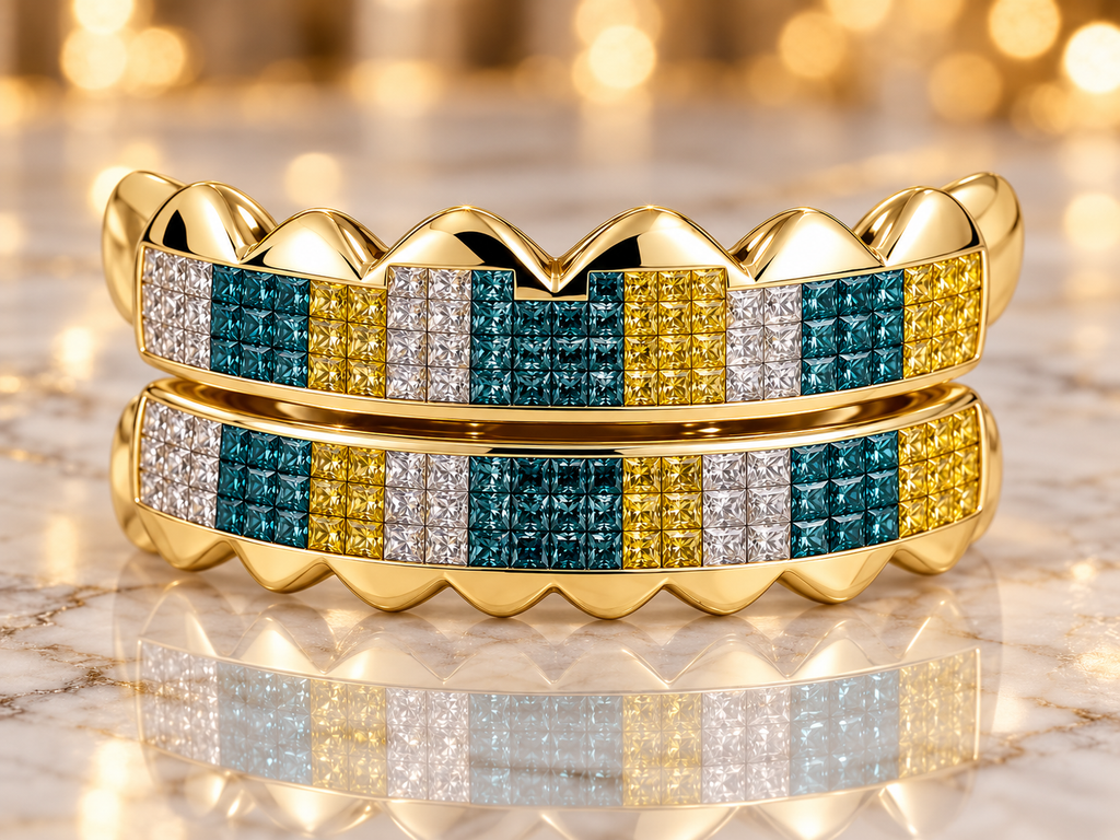 JDWR-S2110 - 6 TEETH BLUE,WHITE & YELLOW PRINCESS CUT HORIZONTAL INVISIBLE