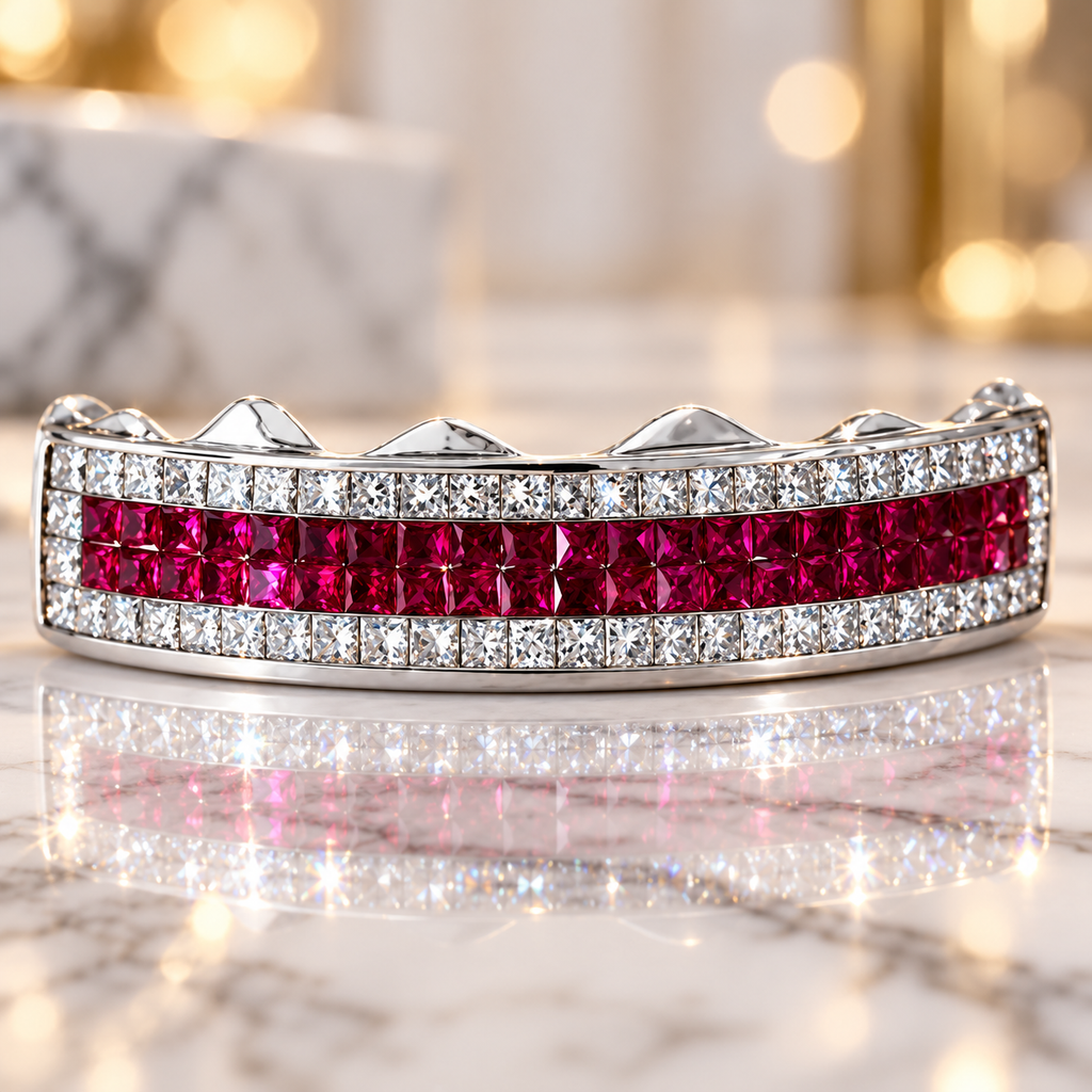 WHITE PRINCESS CUT DIAMONDS AND RED RUBY GRILL [TVJ_S103]