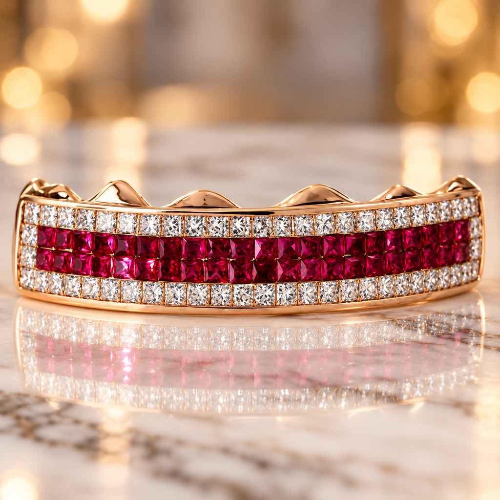 WHITE PRINCESS CUT DIAMONDS AND RED RUBY GRILL [TVJ_S103]