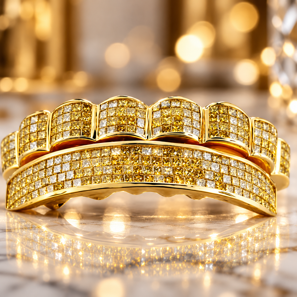 PRINCESS CUT YELLOW DIAMONDS SET IN INVISIBLE SET [TVJ S107]