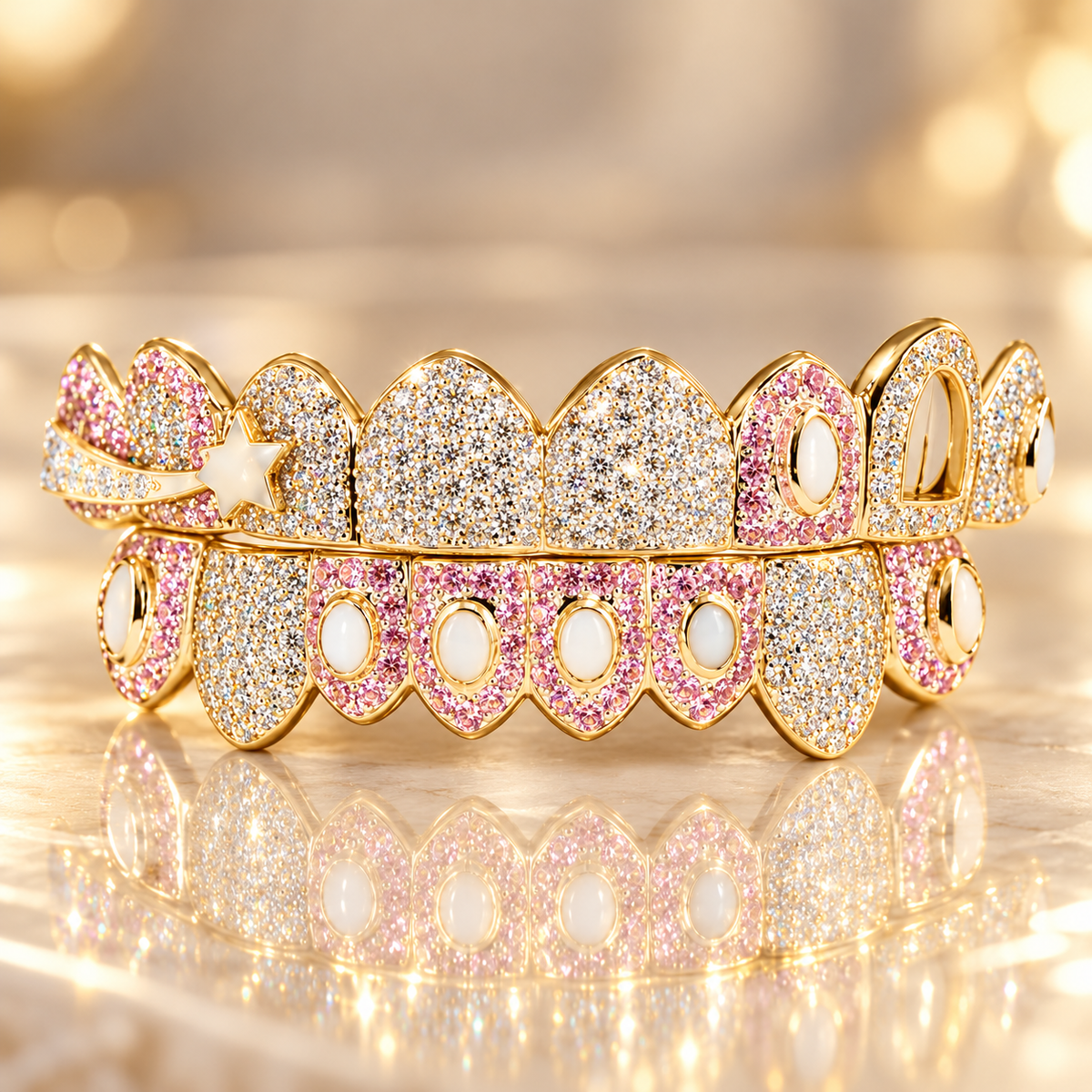 JDWR-OP201-8 Top or 8 Bottom Shooting Star Opal and Honeycomb Grillz