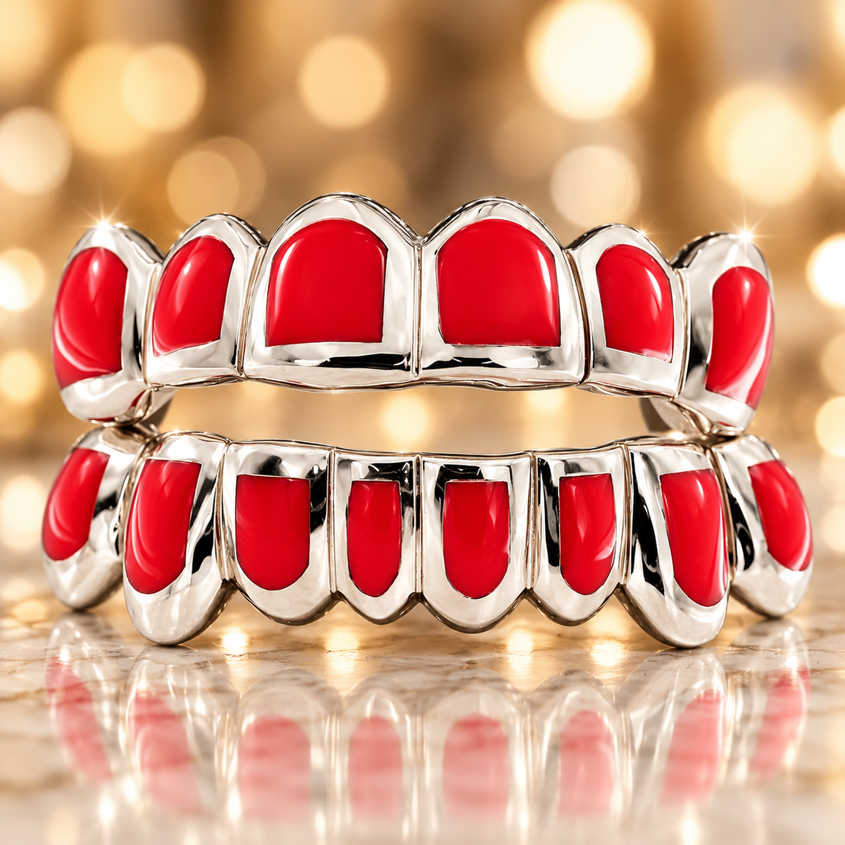 JDWR-CPG3002-6 TOP OR 8 BOTTOM 14 TEETH CANDY PAINT FOURTEEN TEETH GOLD GRILL WITH LIGHT RED ENA