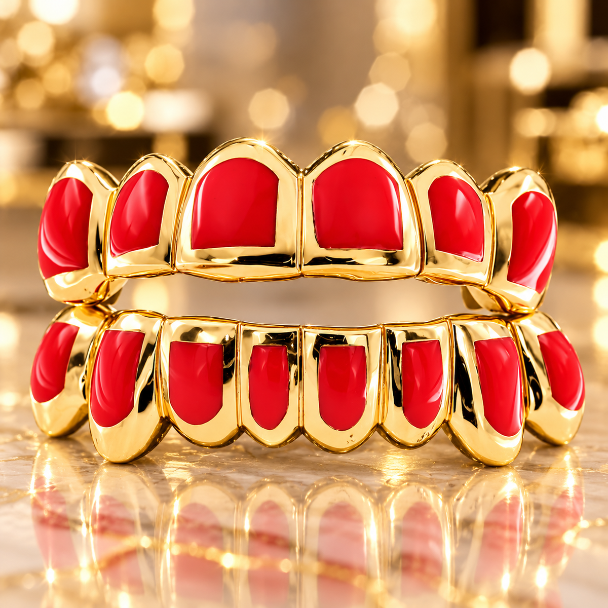 JDWR-CPG3002-6 TOP OR 8 BOTTOM 14 TEETH CANDY PAINT FOURTEEN TEETH GOLD GRILL WITH LIGHT RED ENA