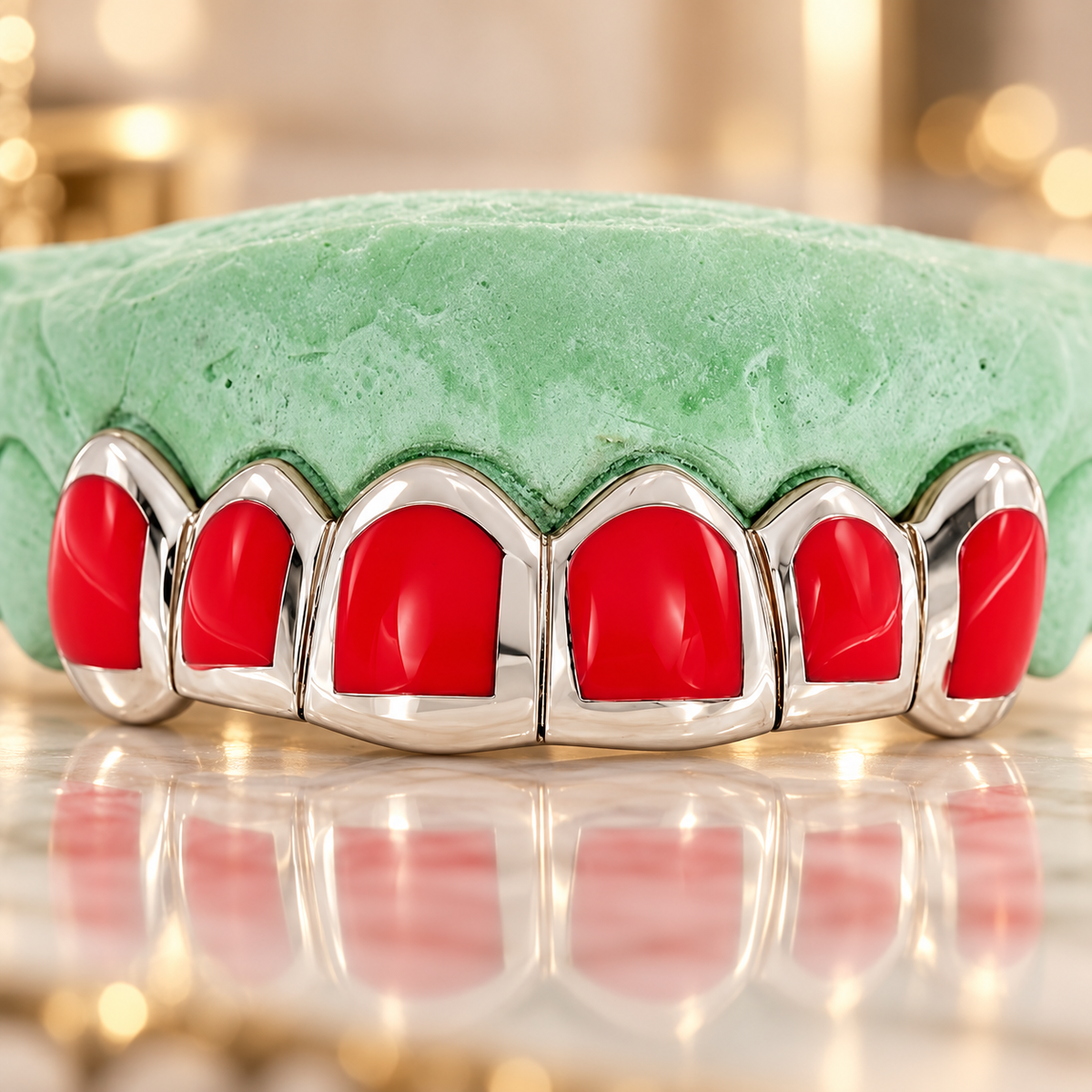 JDWR-CPG3002-6 TOP OR 8 BOTTOM 14 TEETH CANDY PAINT FOURTEEN TEETH GOLD GRILL WITH LIGHT RED ENA
