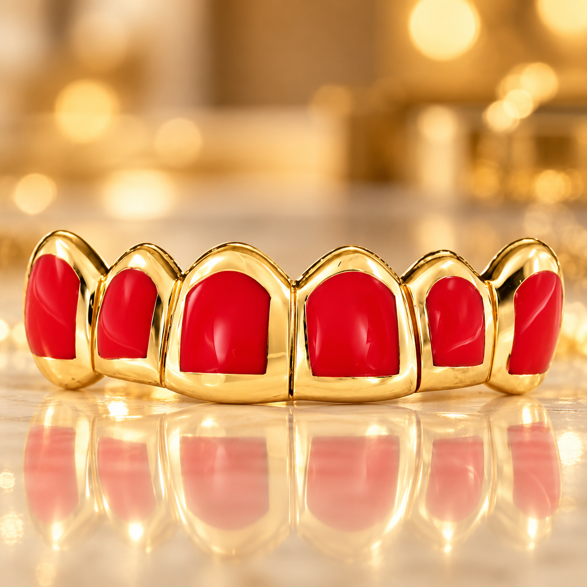 JDWR-CPG3002-6 TOP OR 8 BOTTOM 14 TEETH CANDY PAINT FOURTEEN TEETH GOLD GRILL WITH LIGHT RED ENA