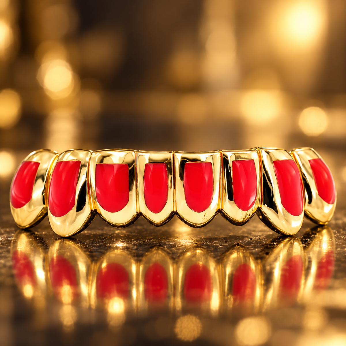 JDWR-CPG3002-6 TOP OR 8 BOTTOM 14 TEETH CANDY PAINT FOURTEEN TEETH GOLD GRILL WITH LIGHT RED ENA