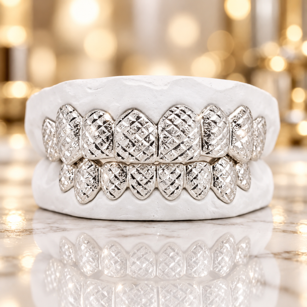 JDWR-3002-D-  8 Teeth Gold Grillz With Diamond Dust and Diamond Cuts.