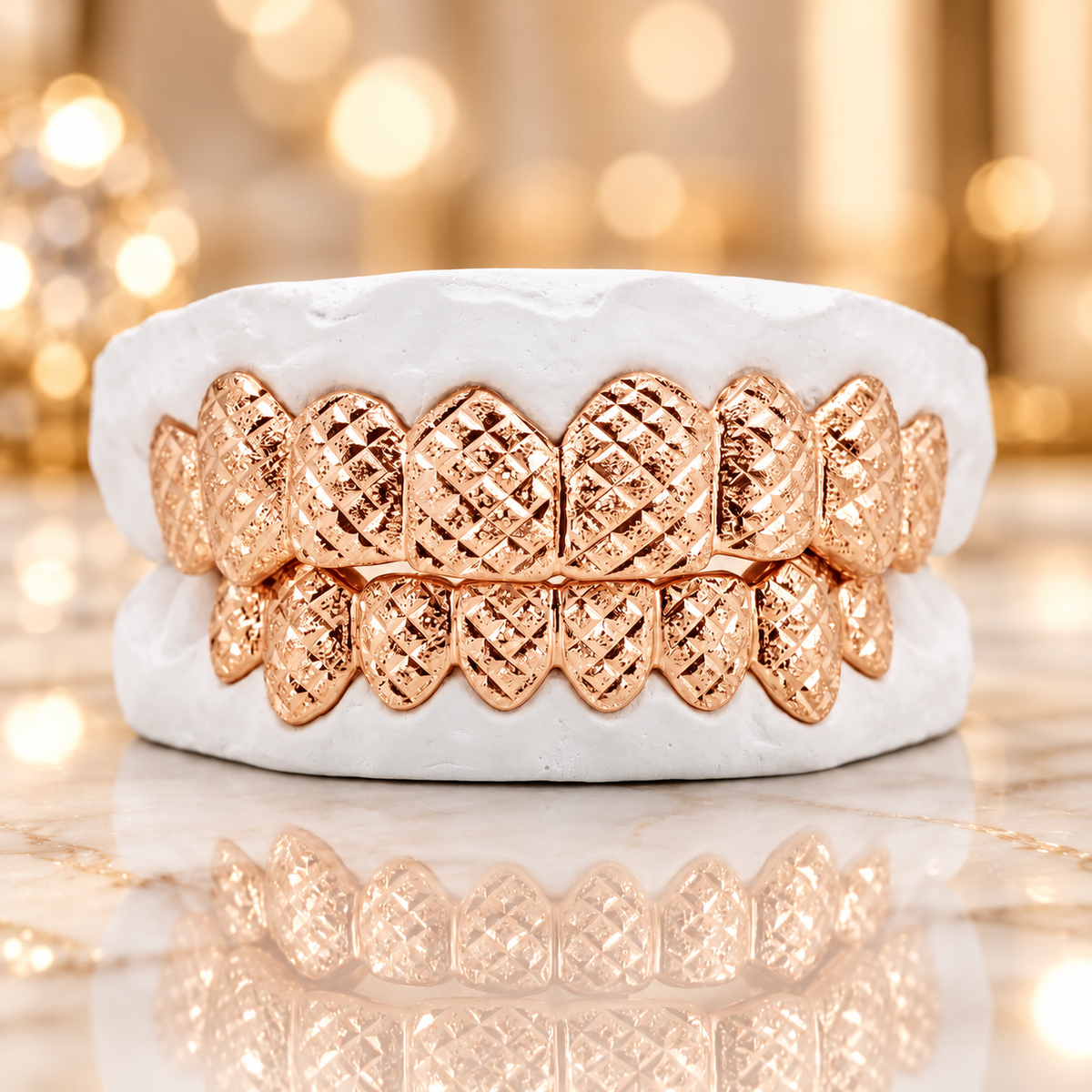 JDWR-3002-D-  8 Teeth Gold Grillz With Diamond Dust and Diamond Cuts.