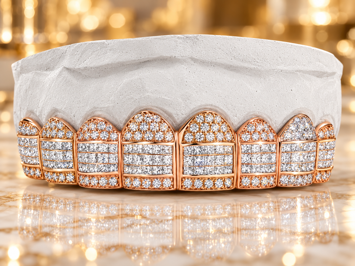 JDWR- GV1020-Tri Colors Yellow, White,Rose Honeycomb Prong / INVISBALE Set Diamond Grill