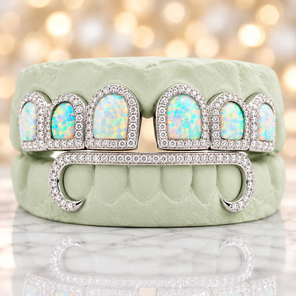 JDWR-5592 - 6 Top & 6 Bottom Opal & Diamond Prong Setting with Extended Diamond Bar Grillz