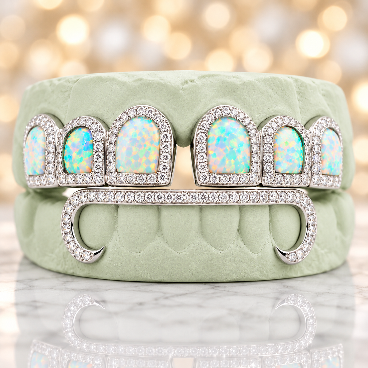 JDWR-5592 - 6 Top & 6 Bottom Opal & Diamond Prong Setting with Extended Diamond Bar Grillz