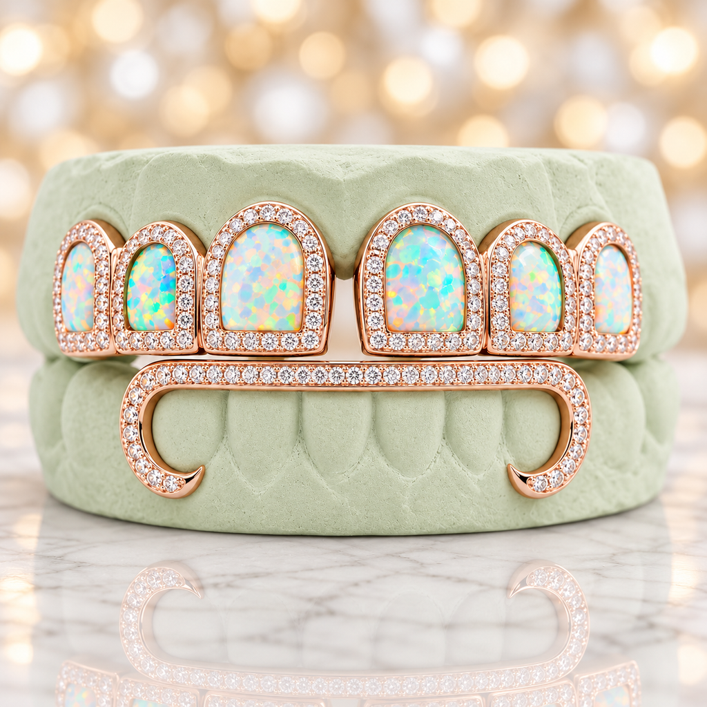 JDWR-5592 - 6 Top & 6 Bottom Opal & Diamond Prong Setting with Extended Diamond Bar Grillz