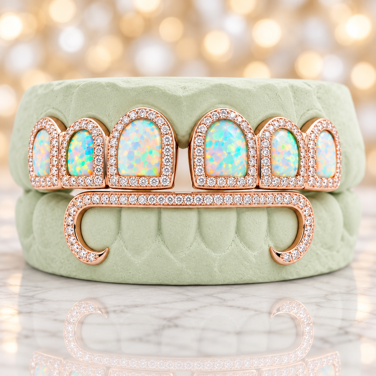 JDWR-5592 - 6 Top & 6 Bottom Opal & Diamond Prong Setting with Extended Diamond Bar Grillz