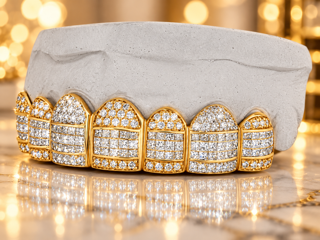 JDWR- GV1020-Tri Colors Yellow, White,Rose Honeycomb Prong / INVISBALE Set Diamond Grill