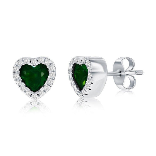 Sterling Silver, CZ Heart Stud Earrings - Emerald - Johnny Dang & Co