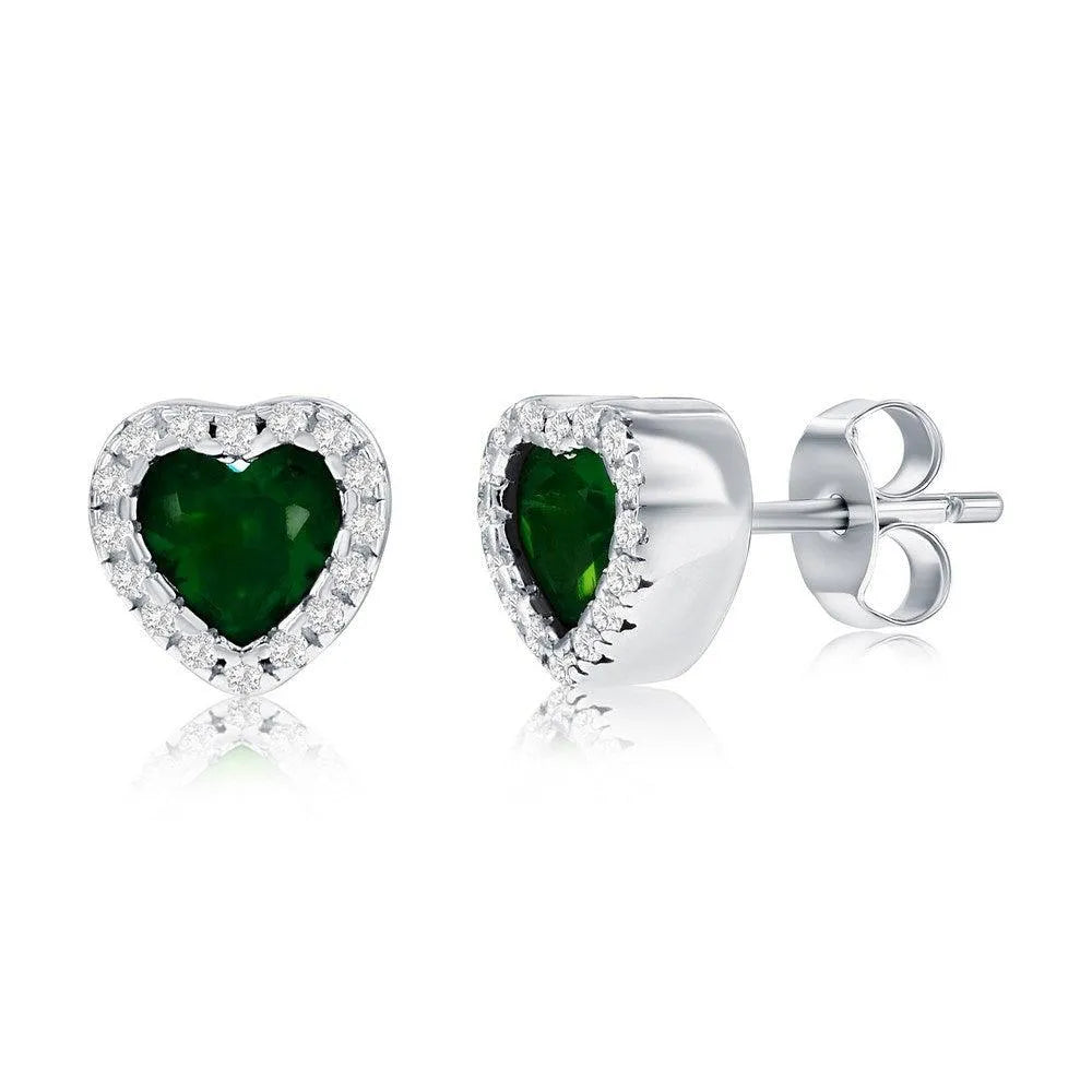 Sterling Silver, CZ Heart Stud Earrings - Emerald - Johnny Dang & Co