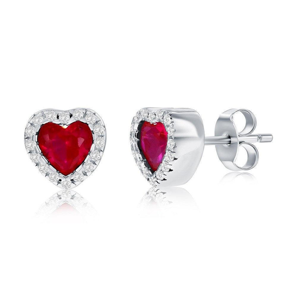 Sterling Silver, CZ Heart Stud Earrings - Ruby - Johnny Dang & Co